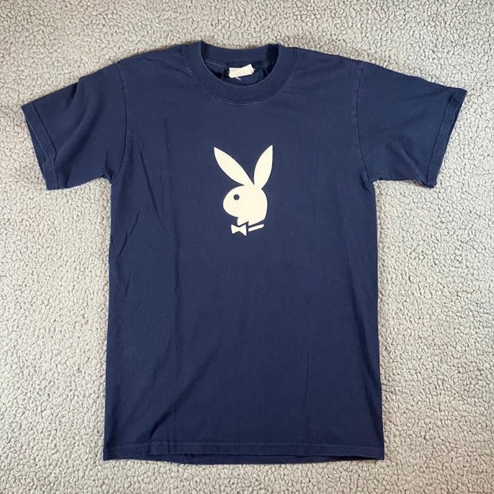 Vintage Playboy Bunny Logo Navy Blue T-Shirt Mens Small Made in USA Style 10